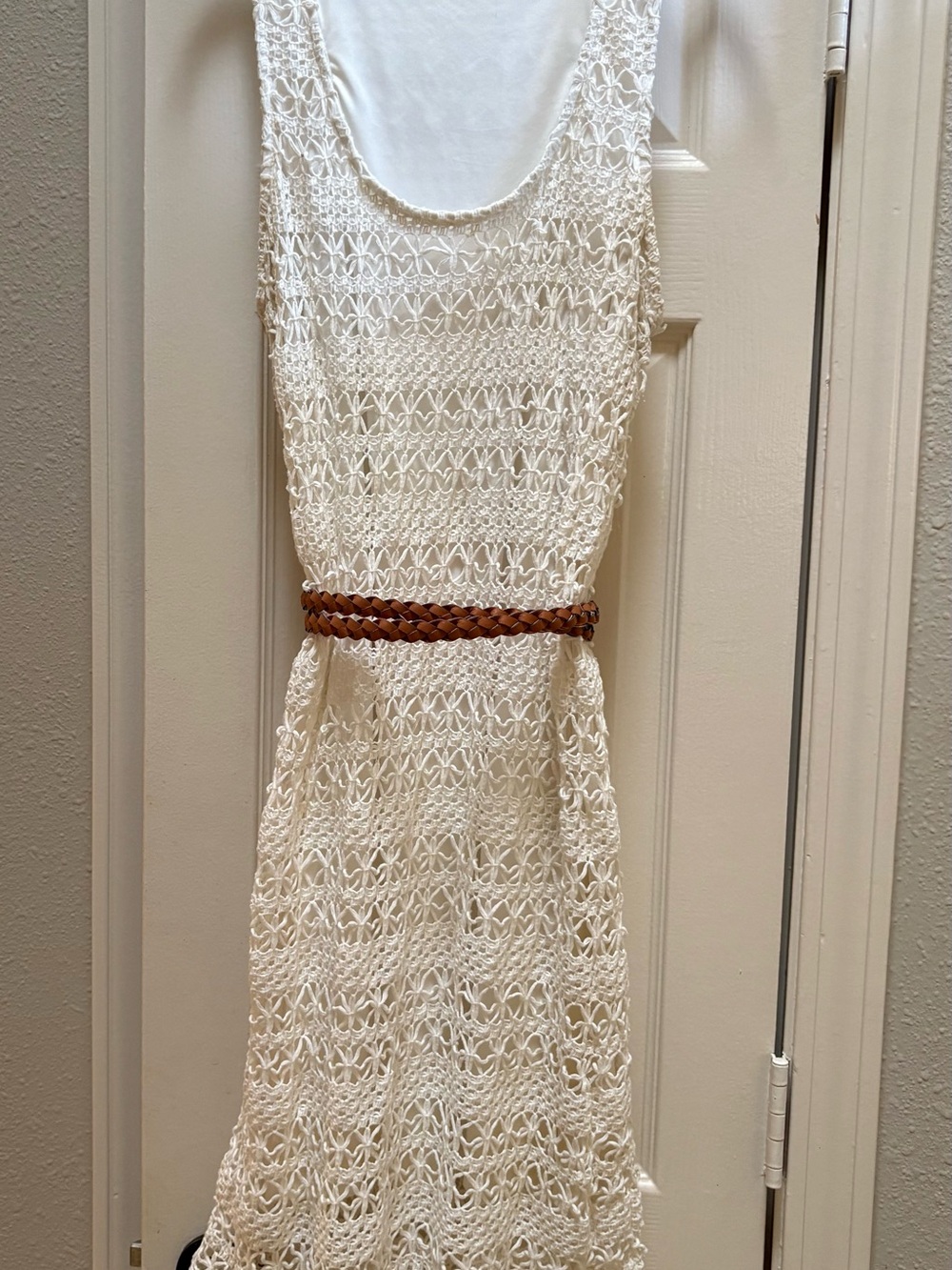Charming Charlie White Crochet Midi Dress with Braided Brown Belt